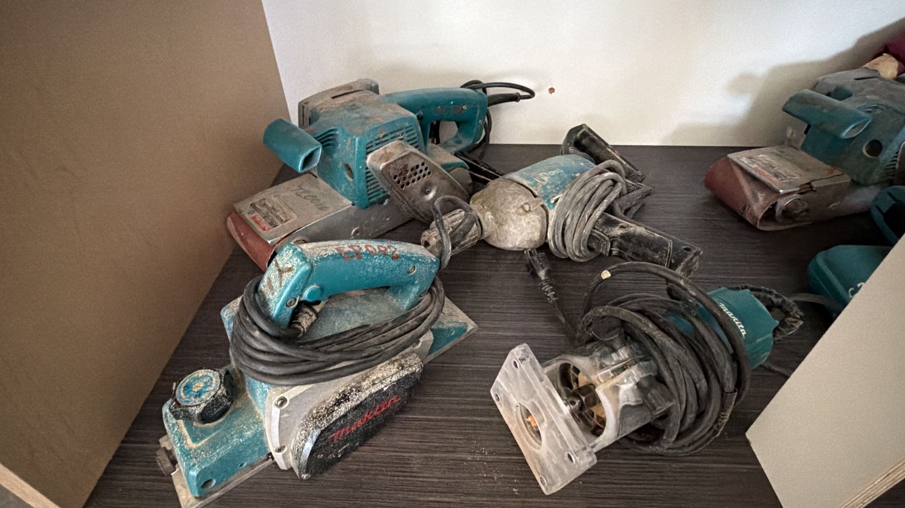 Router Belt SHELF OF ASSORTED TOOLS INCLUDING; MAKITA BELT SANDERS, MAKITA DRILL ...