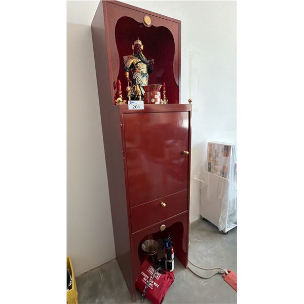 1-DOOR 2-DRAWER CABINET WITH GUAN YU STATUE, FIRST AID KIT, FIRE EXTINGUISHER & MORE