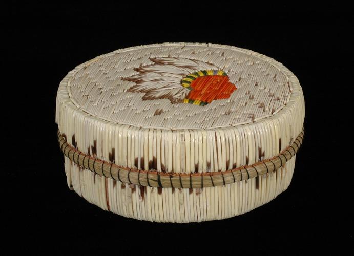Ojibway Porcupine Quill and Birch Bark Basket with Chief Design ca