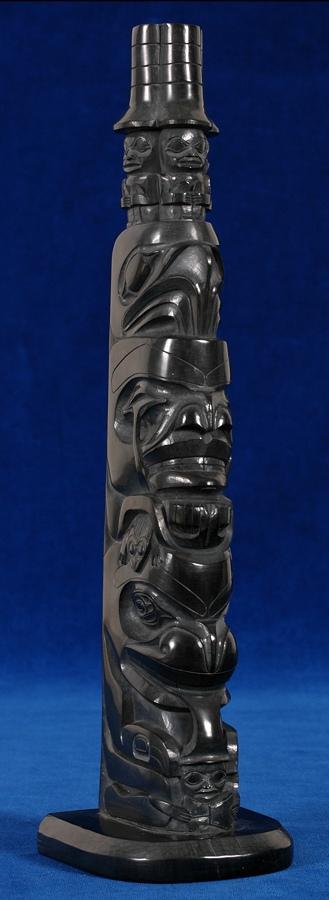 Jay Simeon Argillite Totem Featuring Three Watchman, Raven, Volcano ...