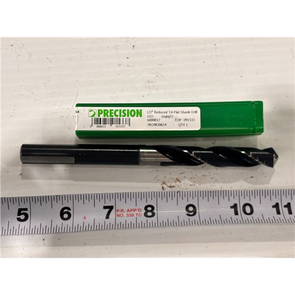 PRECISION 1/2" REDUCED 3-FLAT SHANK DRILL BIT 33/64" HIGH SPEED STEEL 3" FLUTE 118° POINT