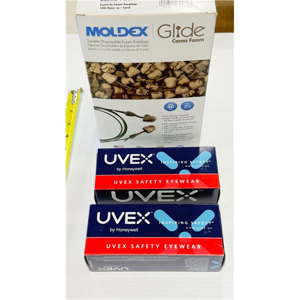 LOT: 2x UVEX SAFETY GLASSES & BOX OF 100 PAIRS MOLDEX GLIDE EAR BUDS