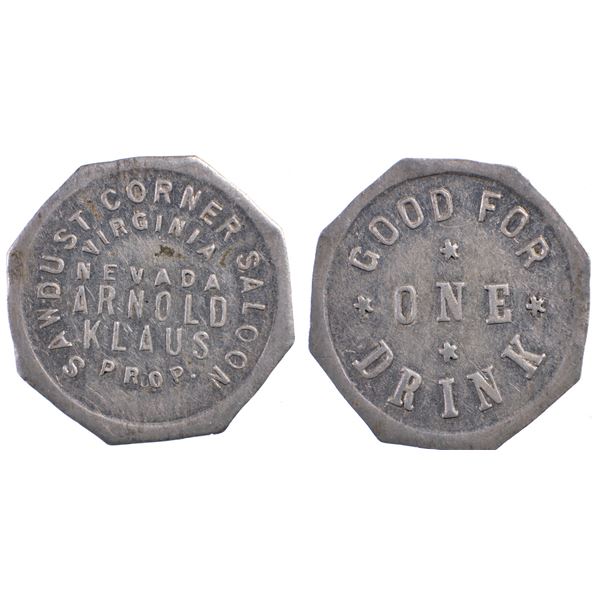 Sawdust Corner Saloon, Arnold Klaus, Virginia City, Nevada Trade Token