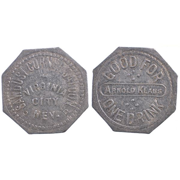 Sawdust Corner Saloon, Arnold Klaus, Virginia City, Nevada Trade Token