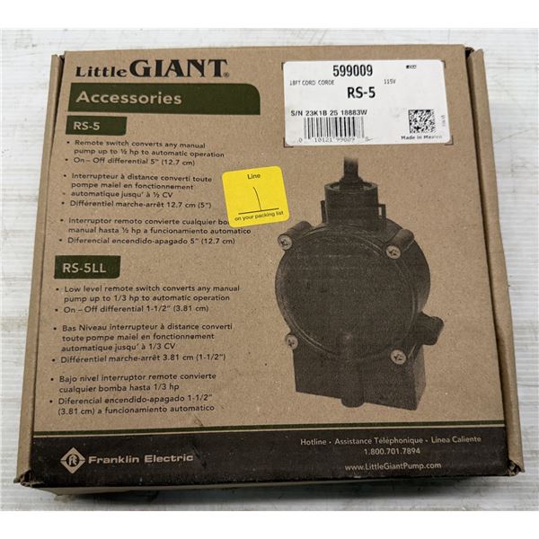 Little Giant #599009 RS-5 18FT Cord Extra Low Water Shut Off Switch