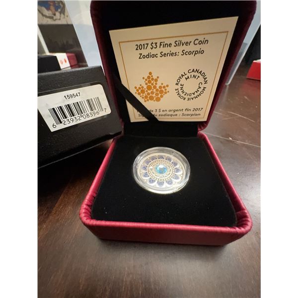 2017 $3 Fine Silver Zodiac Coin Scorpio Royal Canadian Mint In Case