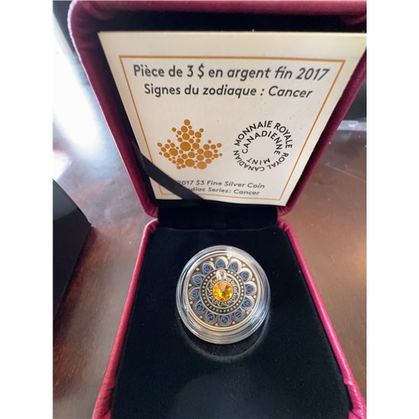 2017 $3 Fine Silver Coin Zodiac Series Cancer Swarovski Crystal 99.99% Pure