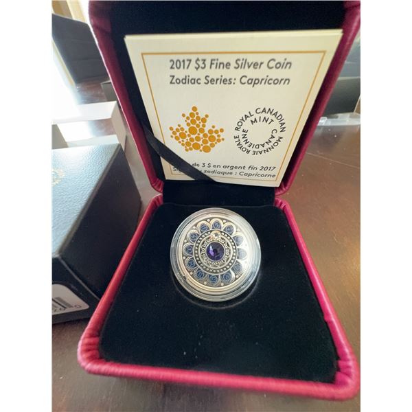 2017 $3 Fine Silver Coin Zodiac Series Capricorn with Swarovski Crystal RCM