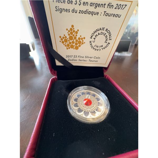 2017 $3 Fine Silver Coin Zodiac Series: Taurus with Swarovski Crystal