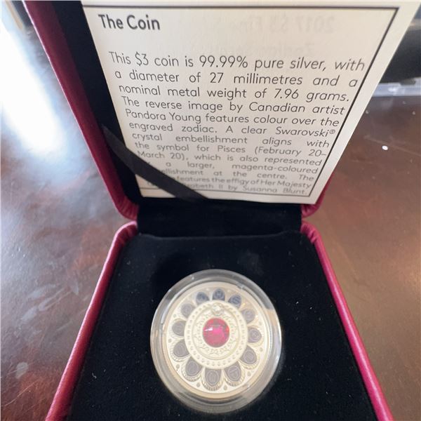 2015 $3 Fine Silver Coin Pisces Zodiac Swarovski Crystal by Pandora Young