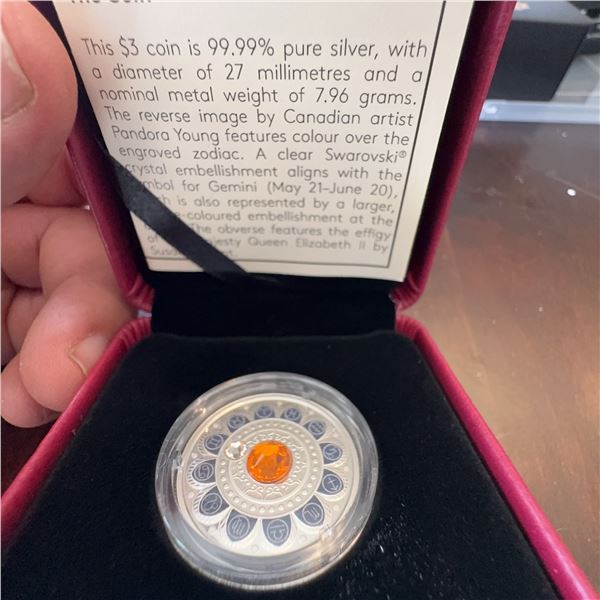 2017 $3 Fine Silver Coin Zodiac Series Gemini with Swarovski Crystal, 99.99% Pure Silver
