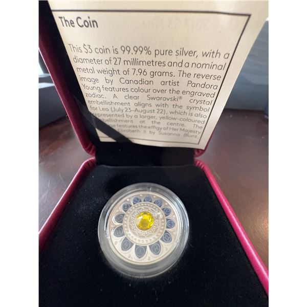 2017 $3 Fine Silver Coin Zodiac Series Leo Swarovski Crystal 27mm 7.96g