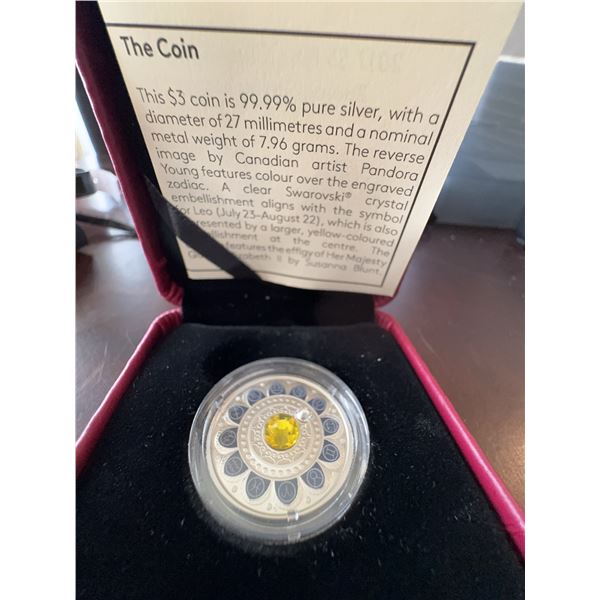2017 $3 Fine Silver Coin Zodiac Series Leo 99.99% Pure with Swarovski Crystal