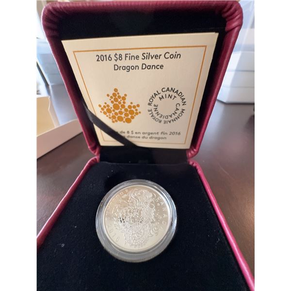 2016 $8 Fine Silver Coin Dragon Dance Royal Canadian Mint 99.99% Pure Silver