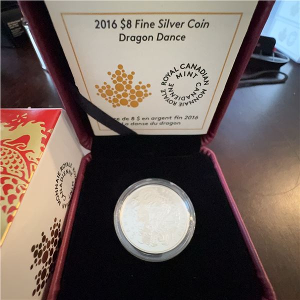 2016 $8 Fine Silver Coin Dragon Dance Royal Canadian Mint with Box