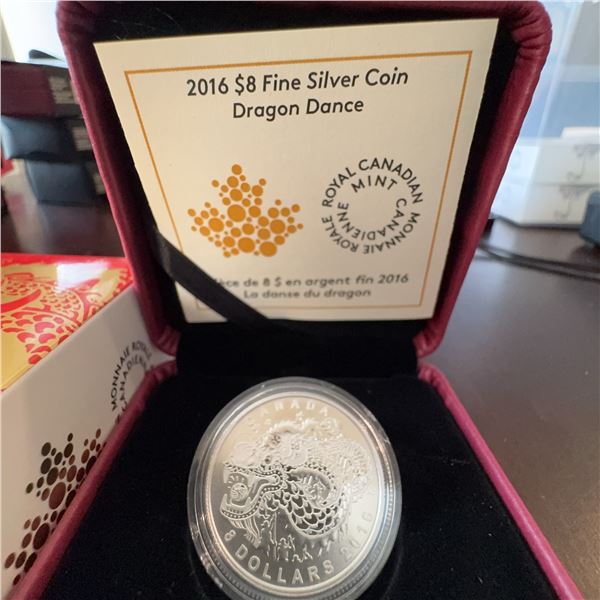 2016 Royal Canadian Mint $8 Fine Silver Coin Dragon Dance, 99.99% Pure, Box and COA