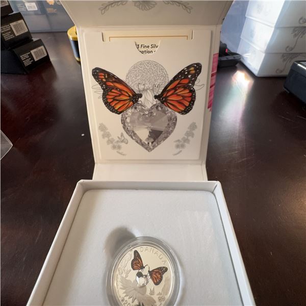 2017 Canada $3 Fine Silver Coin Monarch Butterflies Swarovski Crystal Heart