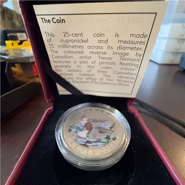 2014 Canada 25 Cents Coloured Coin Pintail Ducks Trevor Tennant Cupro-nickel 35mm