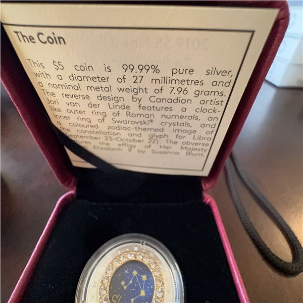 2012 Canada $5 Silver Coin Libra Zodiac Swarovski Crystal by Jori van der Linde