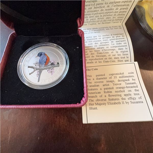 2013 Canadian 25 Cent Painted Coin American Robin Trevor Tennant, Cased, COA