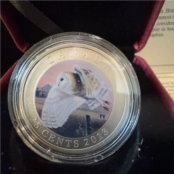 2013 Canada 25 Cents Barn Owl Painted Coin by Trevor Tennant, 35mm, COA, Box