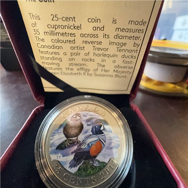 Canada 2014 25-Cent Harlequin Ducks Coloured Coin by Trevor Tennant, Cupro-Nickel, 35mm
