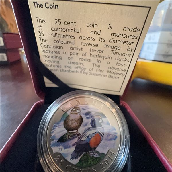 2014 Canadian 25-Cent Coloured Coin Harlequin Ducks by Trevor Tennant 35mm Cupro-nickel