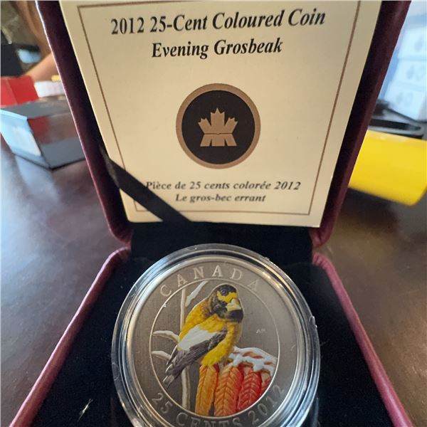 2012 Canadian 25-Cent Coloured Coin Evening Grosbeak with Case