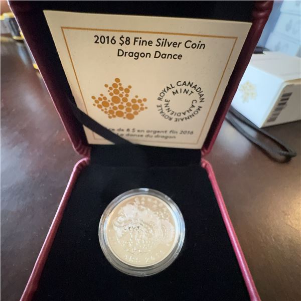 2016 $8 Fine Silver Coin Dragon Dance, Royal Canadian Mint, 27mm, 7.96g, 99.99% Pure
