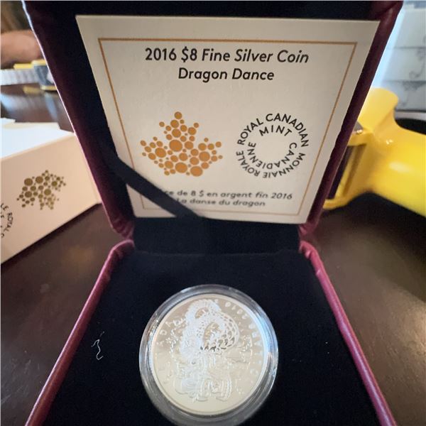2016 $8 Fine Silver Coin Dragon Dance Royal Canadian Mint 27mm 99.99% Silver