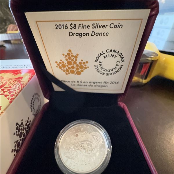 2016 $8 Fine Silver Coin Dragon Dance 99.99% Pure Silver 27mm Royal Canadian Mint