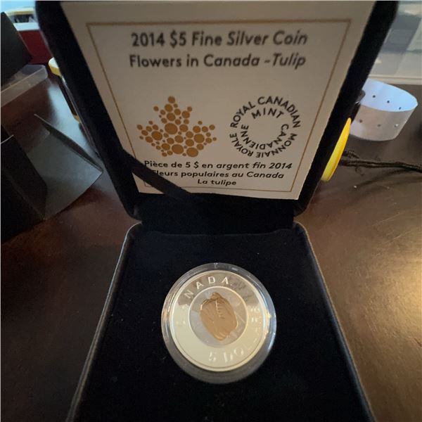 2014 $5 Fine Silver Coin Tulip, Royal Canadian Mint, 99.99% Silver, 28mm