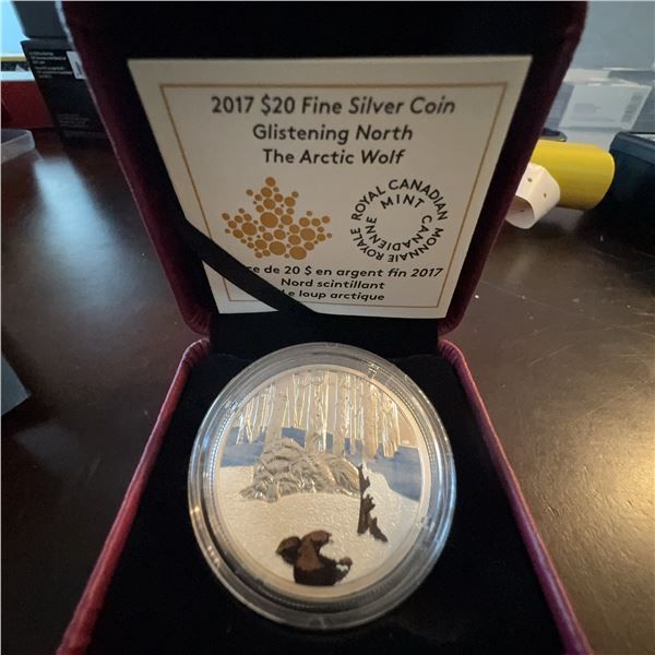 2017 $20 Fine Silver Coin Glistening North, The Arctic Wolf, Royal Canadian Mint