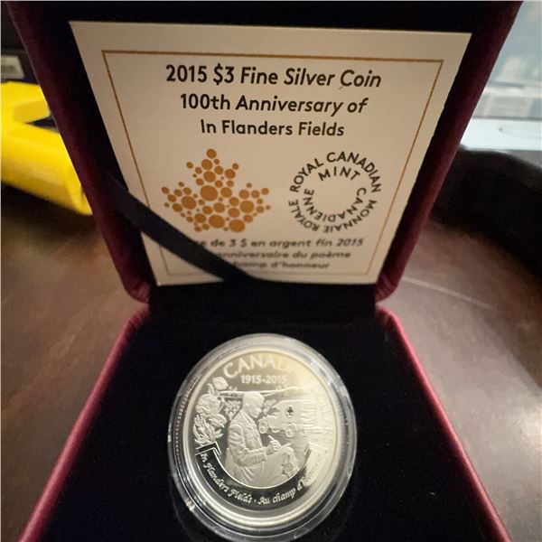 2015 $3 Fine Silver Coin Flanders Fields 100th Anniversary In Case & COA RCM