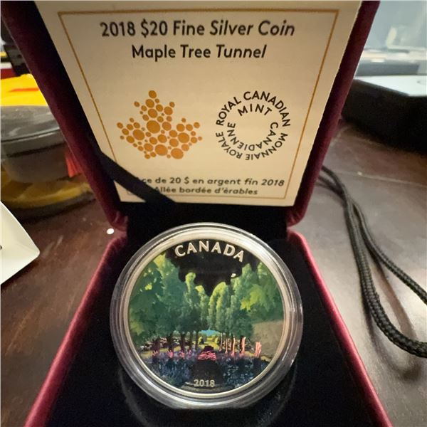 2018 $20 Fine Silver Coin Maple Tree Tunnel by Canadian Artist Jan Poynter, 31.39g