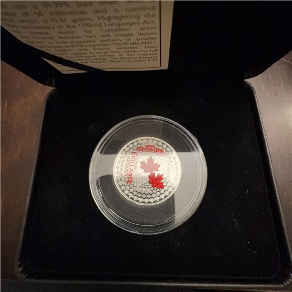2019 $10 Fine Silver Coin 50th Anniversary Official Languages Act, 99.99% Pure, RCM