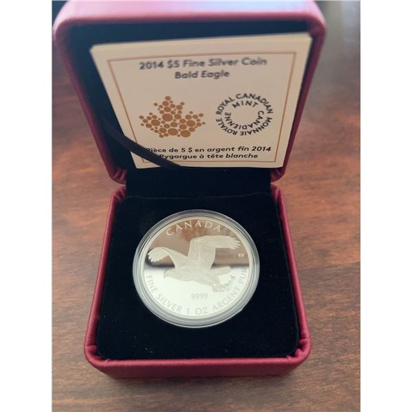 2014 Royal Canadian Mint $5 Fine Silver Coin Bald Eagle 1 oz