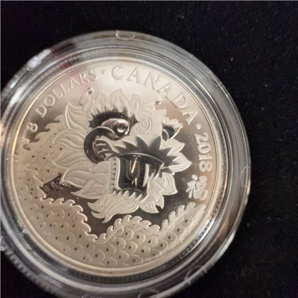 2018 Canada $8 Fine Silver Coin Dragon Luck 7.96g 99.99% Pure with Box and COA
