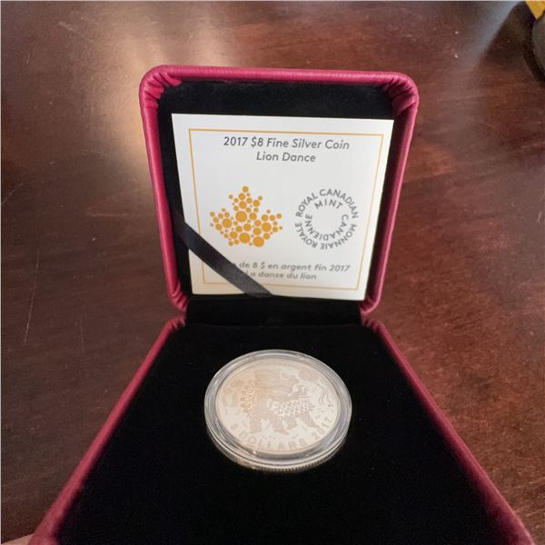 2017 $8 Fine Silver Coin Lion Dance Royal Canadian Mint 99.99% Silver 27mm 7.96g
