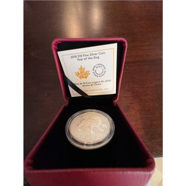 2018 $10 Fine Silver Coin Year of the Dog, Royal Canadian Mint, 99.99% Silver, Boxed