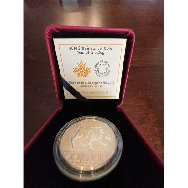 2018 Canada $10 Fine Silver Coin Year of the Dog 99.99% Pure, 15.87g, 34mm, Box, COA
