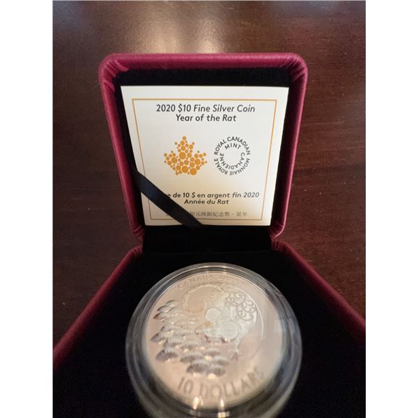 2020 Royal Canadian Mint $10 Fine Silver Coin Year of the Rat 99.99% Pure 34mm 15.87g