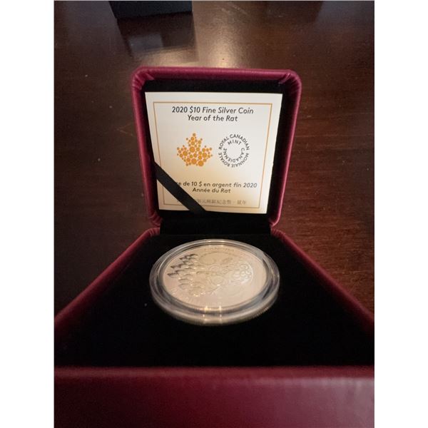 2020 Canada $10 Fine Silver Coin Year of the Rat with Case, 34mm, 15.87g, 99.99% Silver