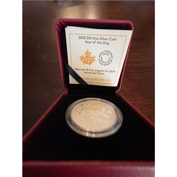 2018 Royal Canadian Mint $10 Silver Coin Year of the Dog, 99.99% Pure, Boxed