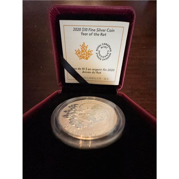 2020 $10 Fine Silver Coin Year of the Rat with Box and Certificate, Royal Canadian Mint