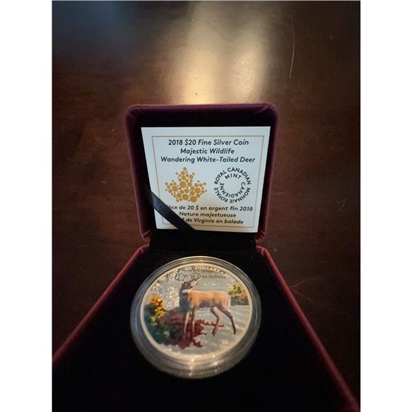 2018 $20 Fine Silver Coin Majestic Wildlife Wandering White-Tailed Deer in Box