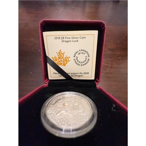 2018 $8 Fine Silver Coin Dragon Luck Royal Canadian Mint 27mm 7.96g