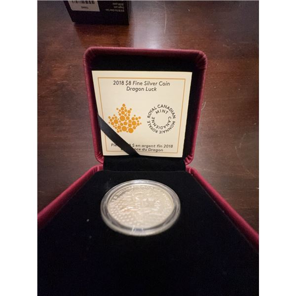 2018 Royal Canadian Mint $8 Fine Silver Coin Dragon Luck 27mm 7.96g With Case