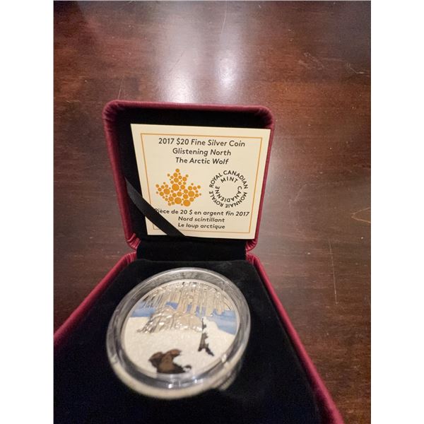 2017 $20 Fine Silver Coin Glistening North The Arctic Wolf in Case with COA