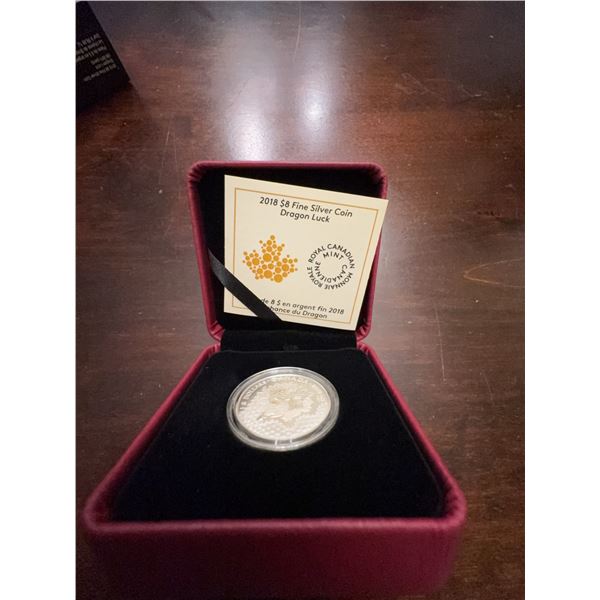 2018 $8 Fine Silver Coin Dragon Luck, 99.99% Pure Silver, Royal Canadian Mint